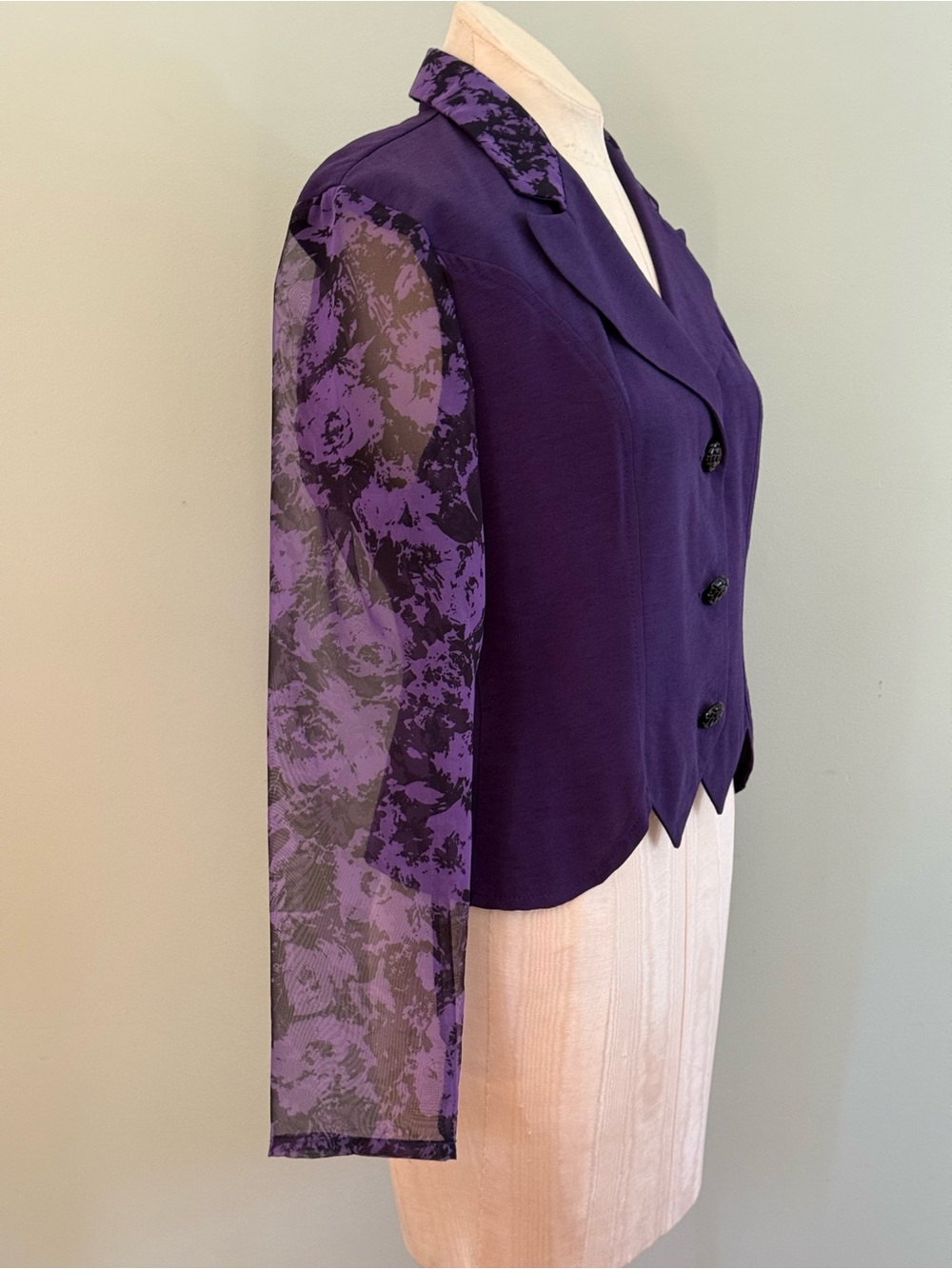 VTG Le Chateau Purple Figure Fitted Sheer Sleeves Top - Picture 7 of 13